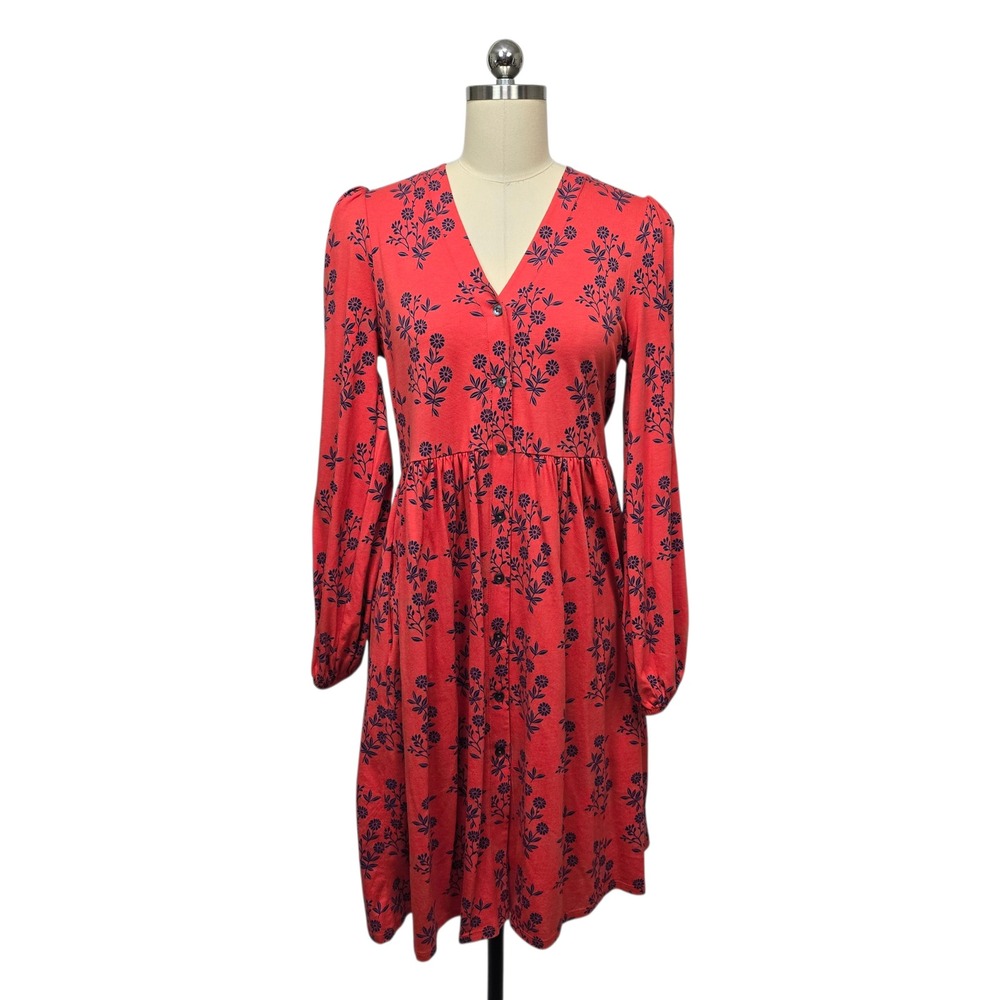 Boden Red Navy Floral Print Midi Dress Size 4 Long Sleeve Button Front Stretch